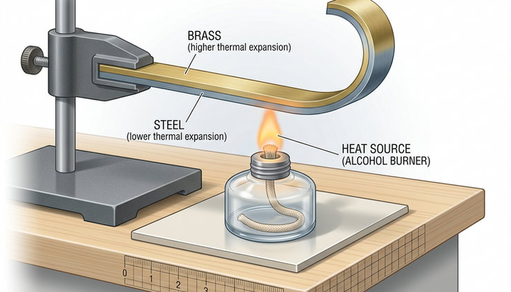 Close-up view of a bimetal strip bending beside a small heat source.