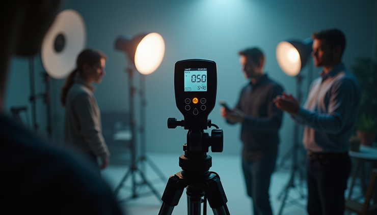 Eye-level view of a digital lux meter measuring light intensity in a photography studio