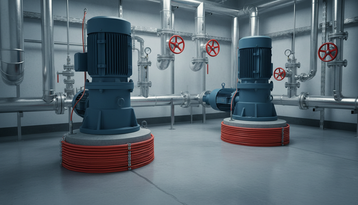 Eye-level view of sensing rope routed around pumps in a clean pump room.