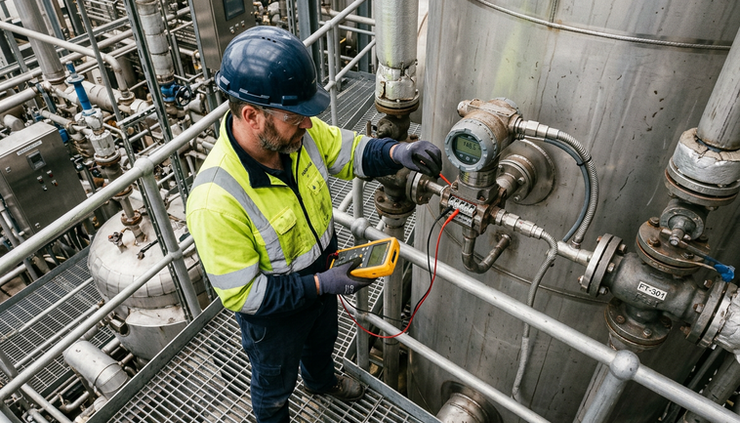 Overhead view of a technician calibrating a field instrument beside a tank
