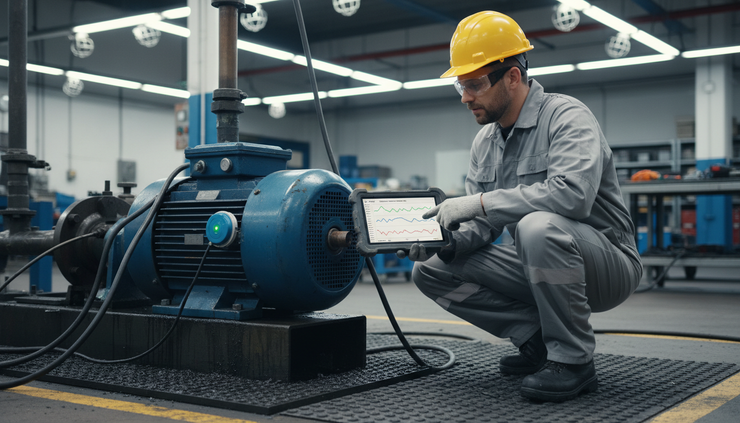 Eye-level view of a maintenance technician inspecting a pump with a tablet showing vibration trends