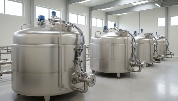 Wide-angle view of storage tanks with non-contact level sensors mounted on top.