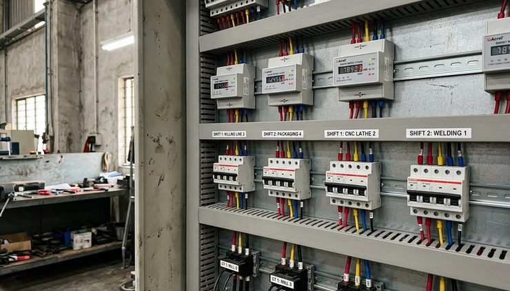 Wide-angle view of an industrial electrical panel with energy meters and current transformers installed.