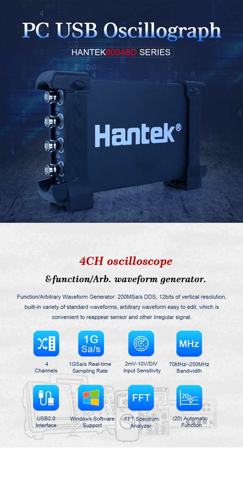 Thumbnail: USB Digital Oscilloscope – 4 Channel, 70–250MHz, 1GSa/s with DDS Arbitrary Waveform Generator