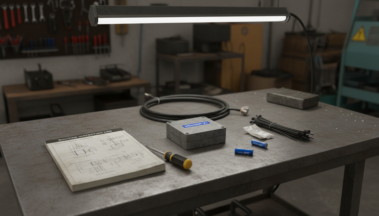Overhead view of industrial maintenance tools beside a labeled wireless sensor and notebook