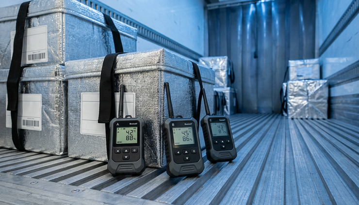 Wide-angle view of several compact data loggers placed in a refrigerated delivery container