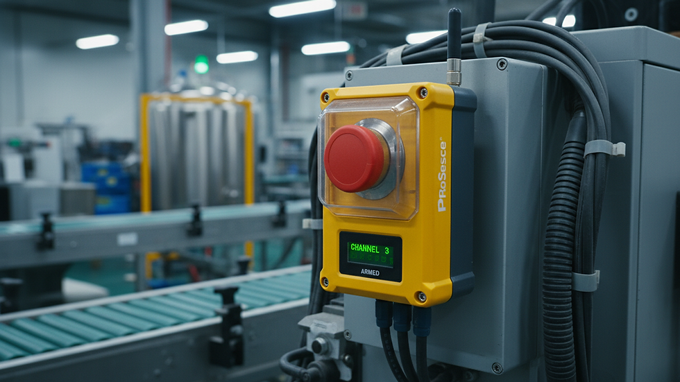 Close-up view of a LoRaWAN remote control button mounted on industrial equipment