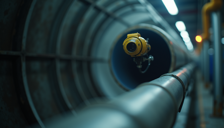 Close-up view of an inspection camera inserted into a narrow pipe