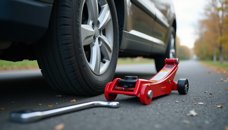 Close-up view of a car jack lifting a tire on a roadside with a lug wrench nearby