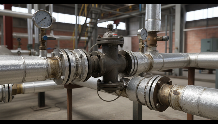 Close-up view of a heated gear flow meter installed on an asphalt transfer line