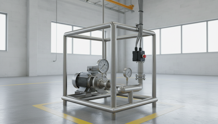 Wide-angle view of a pump skid with a gauge, switch, and transducer installed at different pressure points.