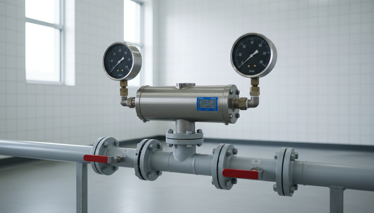 Eye-level view of pressure gauges fitted before and after an inline flow meter on a process line