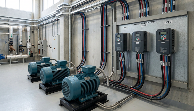 Wide-angle view of three industrial motors connected near a wall-mounted inverter panel.