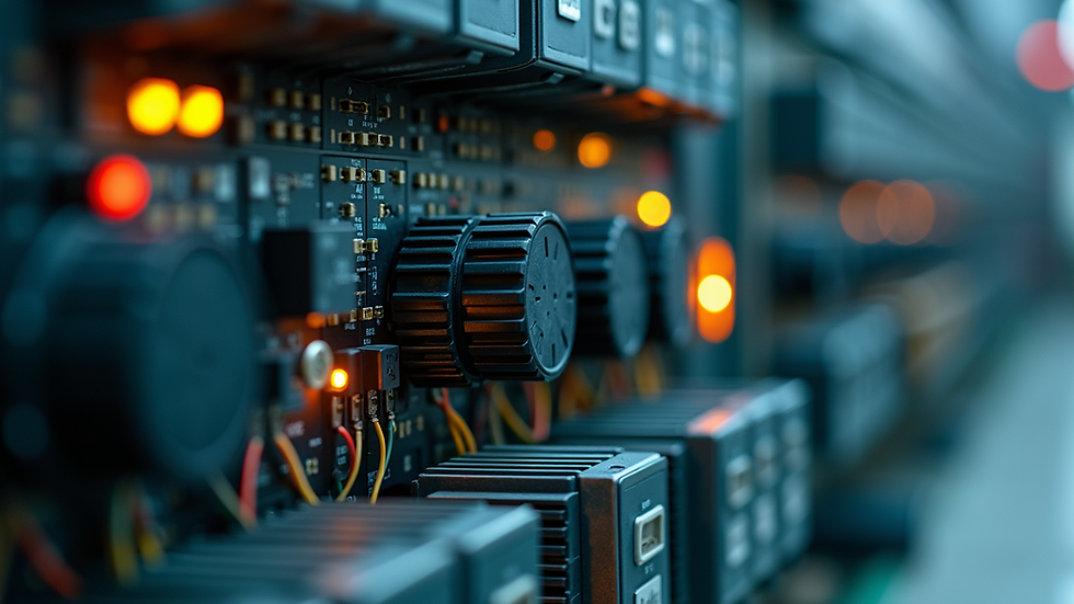 Close-up view of a modular PLC setup with various input and output modules