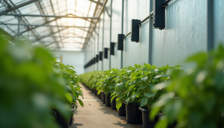 Eye-level view of greenhouse interior with IoT sensors mounted on walls