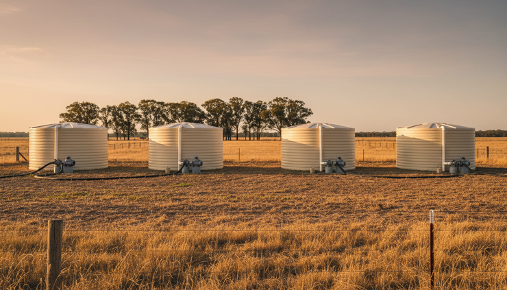 Wide-angle view of four rural water tanks beside an open paddock.