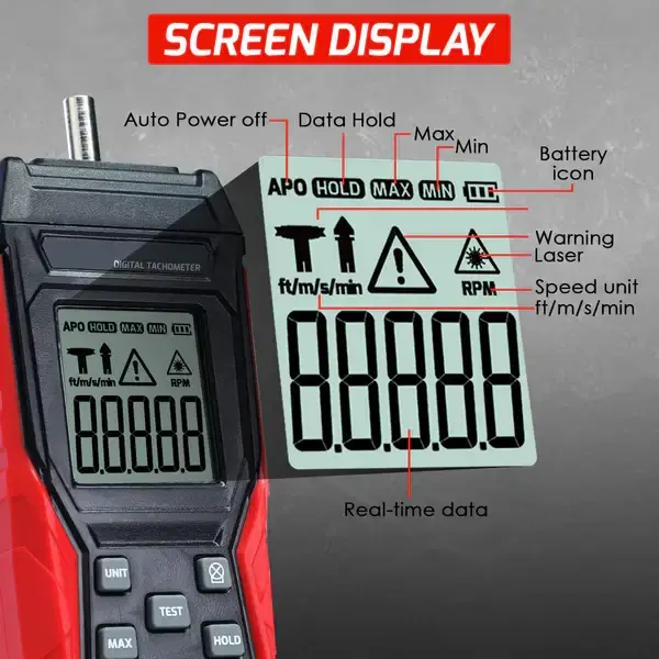 Thumbnail: 2-in-1 Digital Tachometer – Contact & Non-Contact RPM Meter