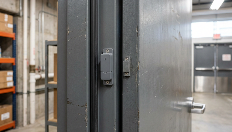 Close-up view of a magnetic door sensor installed on a metal personnel door in a storage corridor.