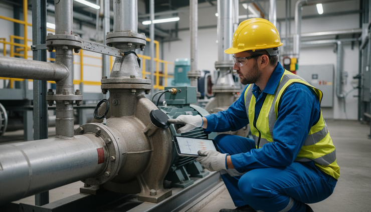 Eye-level view of a maintenance worker in safety gear checking a pump with a mounted vibration sensor