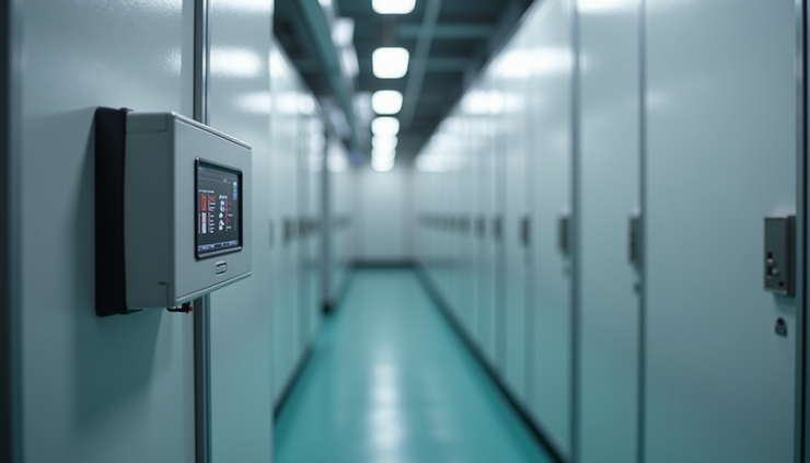 Eye-level view of a WIFI data logger mounted on a wall inside a refrigerated storage room