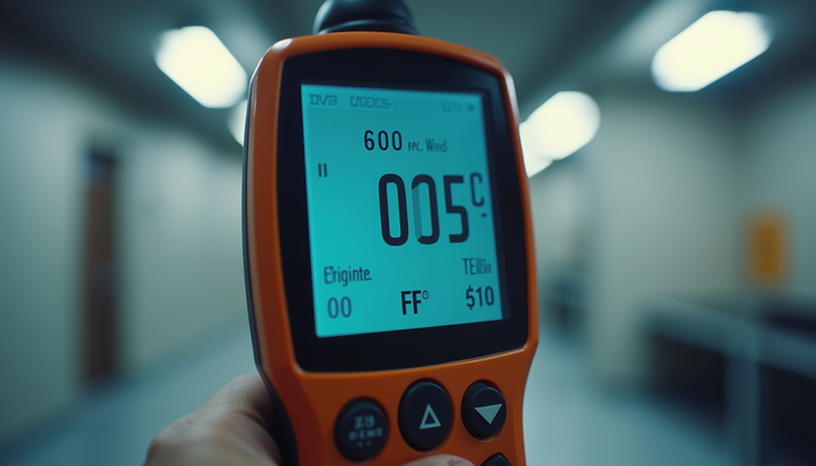 Close-up view of a handheld 7-in-1 digital anemometer displaying wind speed and temperature readings