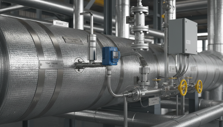 Eye-level view of a temperature probe inserted into an insulated gas pipeline