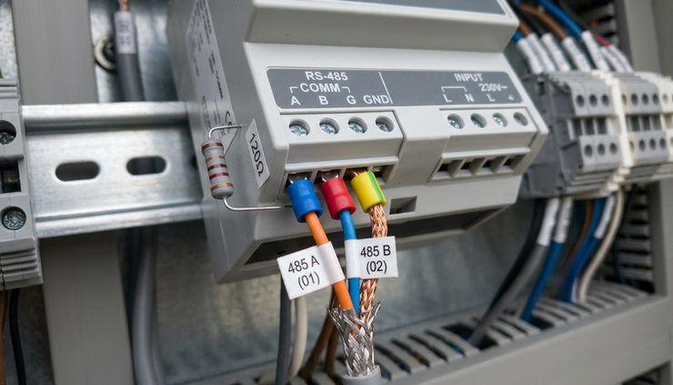 Close-up view of RS-485 terminals and twisted-pair communication wiring.