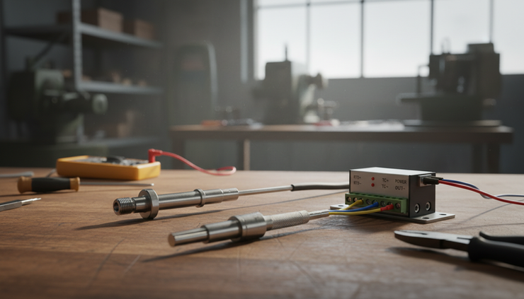 Eye-level view of RTD and thermocouple temperature probes beside a DIN rail temperature transmitter.