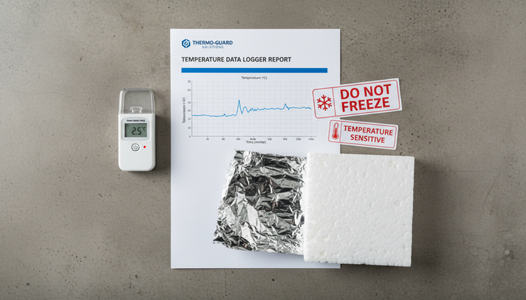 Top-down view of printed temperature report beside a USB temperature data logger and cold chain shipping labels