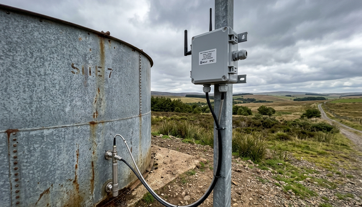 Wide-angle view of a battery-powered sensor enclosure installed near a remote water tank