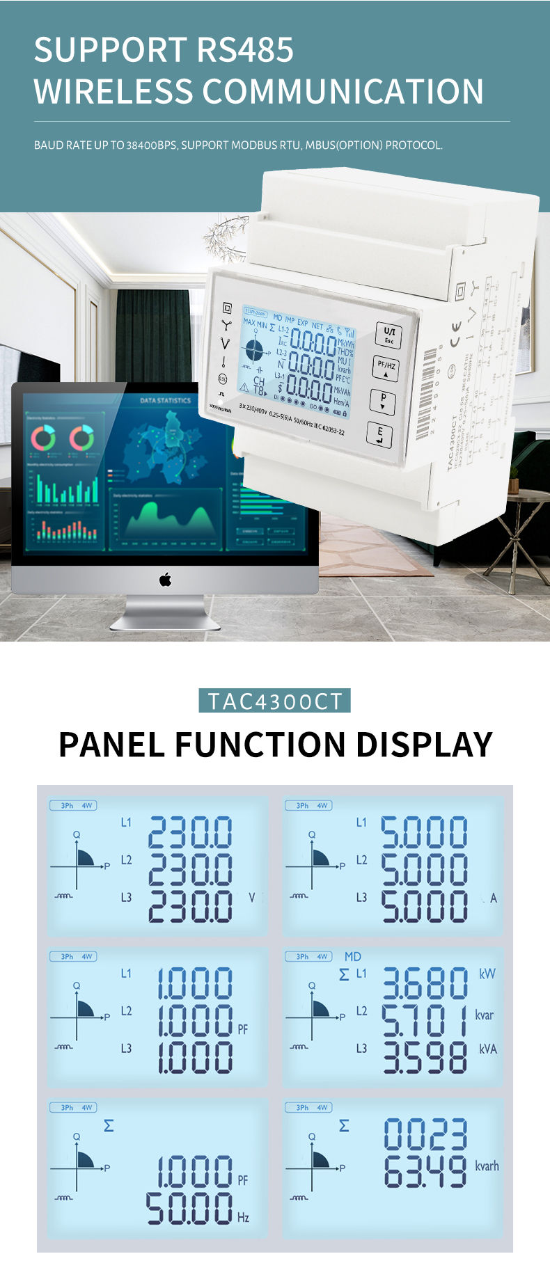 Thumbnail: Three-Phase Smart Energy Meter – DIN Rail, RS485 Modbus, LCD Display