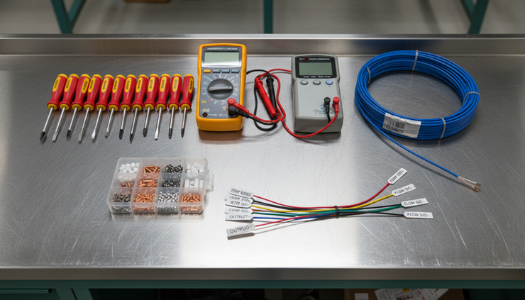 Overhead view of electrical tools arranged beside screened signal cable