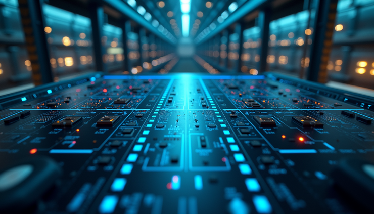 High angle view of industrial automation equipment connected to cloud network
