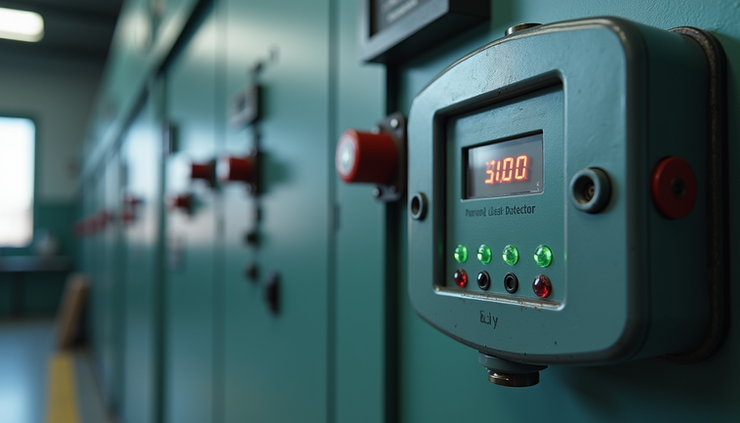 Eye-level view of the gas leak detector mounted on a wall in an industrial setting