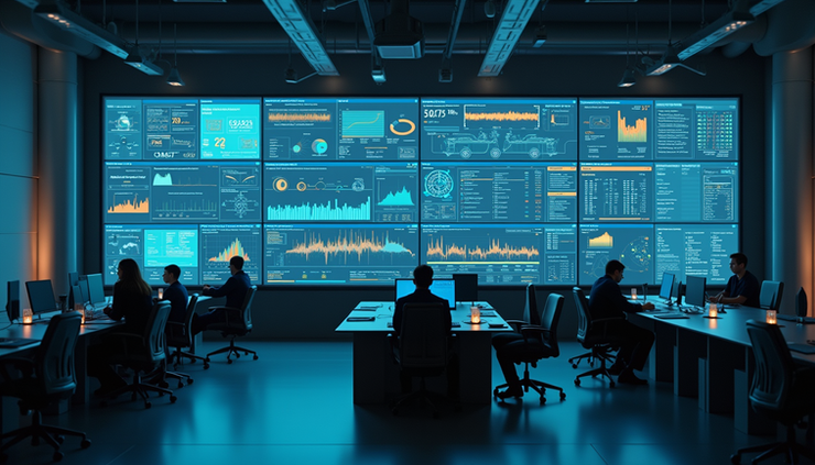 Eye-level view of industrial control room dashboard showing real-time sensor data