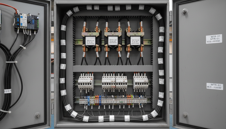 Eye-level view of a three-phase motor control panel with labelled cables and current monitoring components