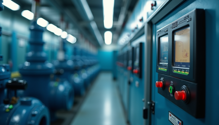 Eye-level view of a wastewater pump station control panel with digital monitoring equipment