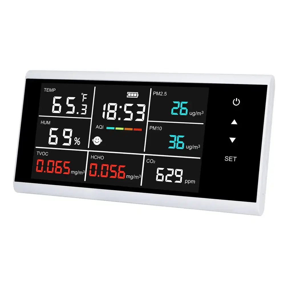 Touchscreen Air Quality Monitor – CO₂, PM2.5/PM10, HCHO, TVOC, Temp, RH