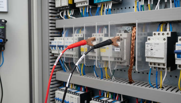 Close-up view of labeled test leads connected to grounded panel hardware