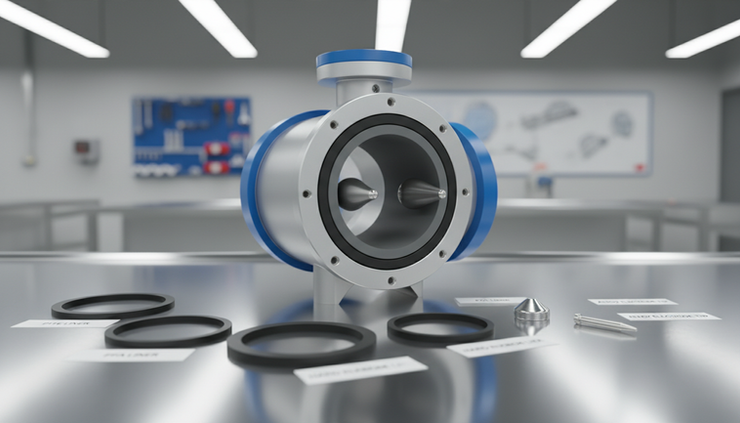 Eye-level view of a cutaway magnetic flowmeter showing liner and electrode positions