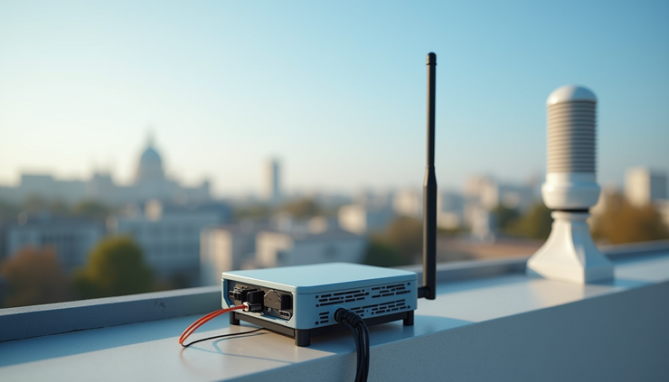Eye-level view of a LoRaWAN gateway installed on a rooftop