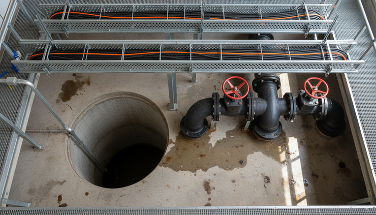 Overhead view of an industrial wet well and pump pipework with level sensors and discharge lines.