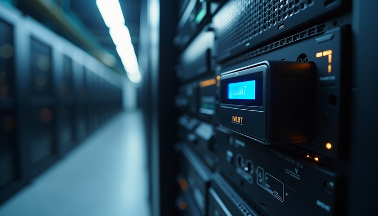 Close-up view of IoT gateway device with battery backup installed near server equipment