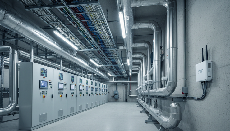 Wide-angle view of a building plant room with wireless sensors and control panels