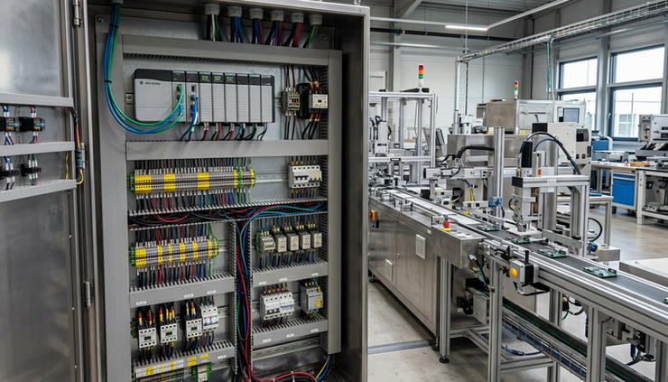 Wide-angle view of an industrial control cabinet beside a production line.