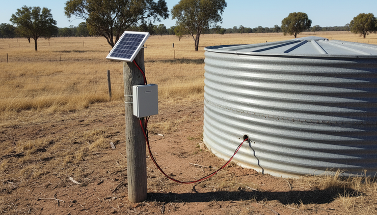 High-angle view of a small solar-powered telemetry box fixed beside a farm water tank.