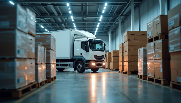 Eye-level view of refrigerated truck unloading temperature-controlled pharmaceutical crates at warehouse