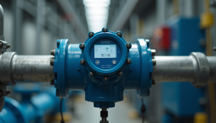 Eye-level view of a modern industrial flow meter installed on a pipeline with digital display and wiring connections