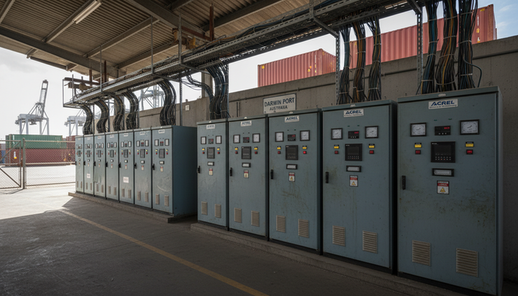 Wide-angle view of an industrial port switchboard area near shipping infrastructure.