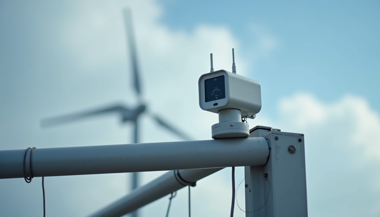 Close-up view of a wireless wind speed sensor mounted on a bridge structure